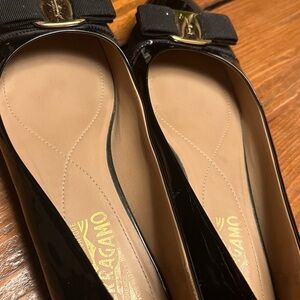 Salvatore Ferragamo Black Patent Leather Loafers with Gold Accent